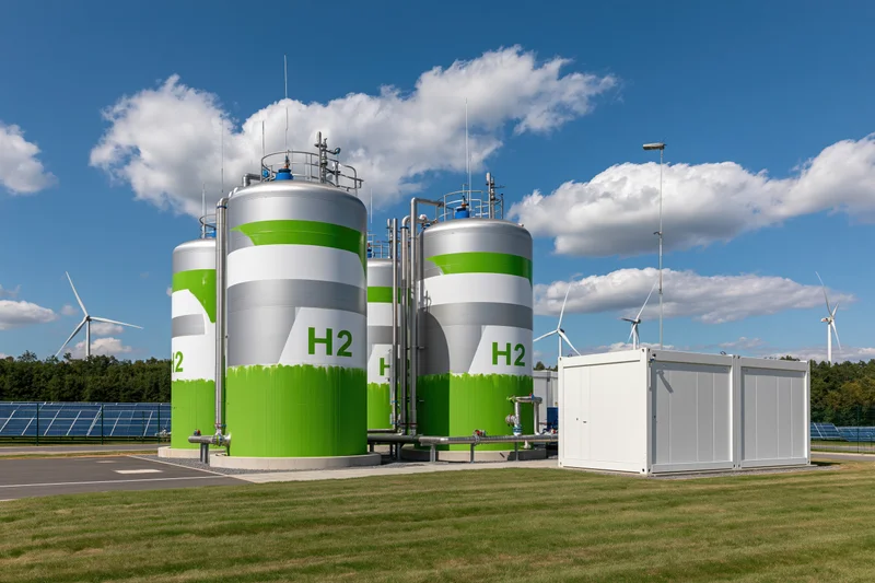 Green hydrogen storage tanks at renewable energy facility with wind turbines and solar panels in background