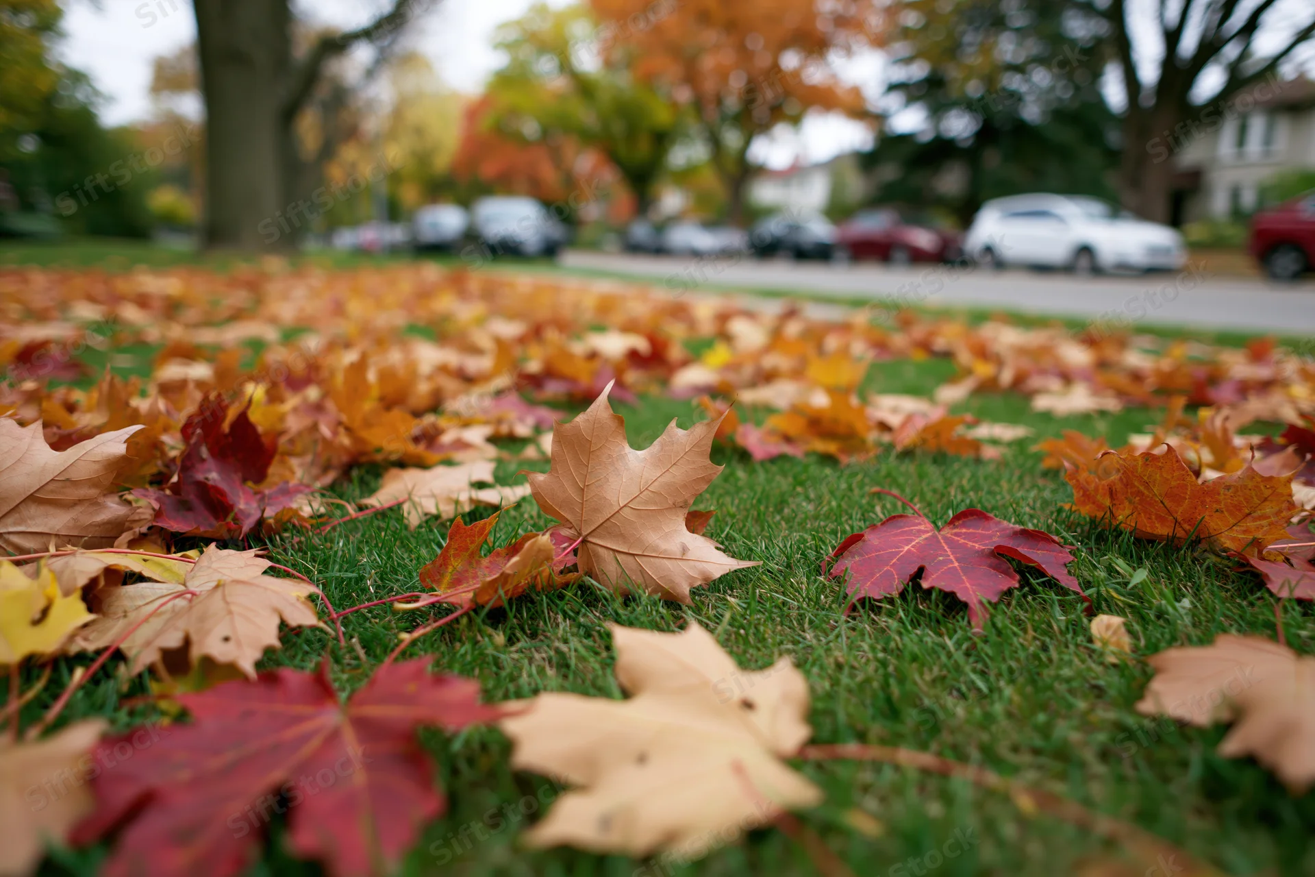 Fallen maple leaves scattered across a grassy yard near a suburban street