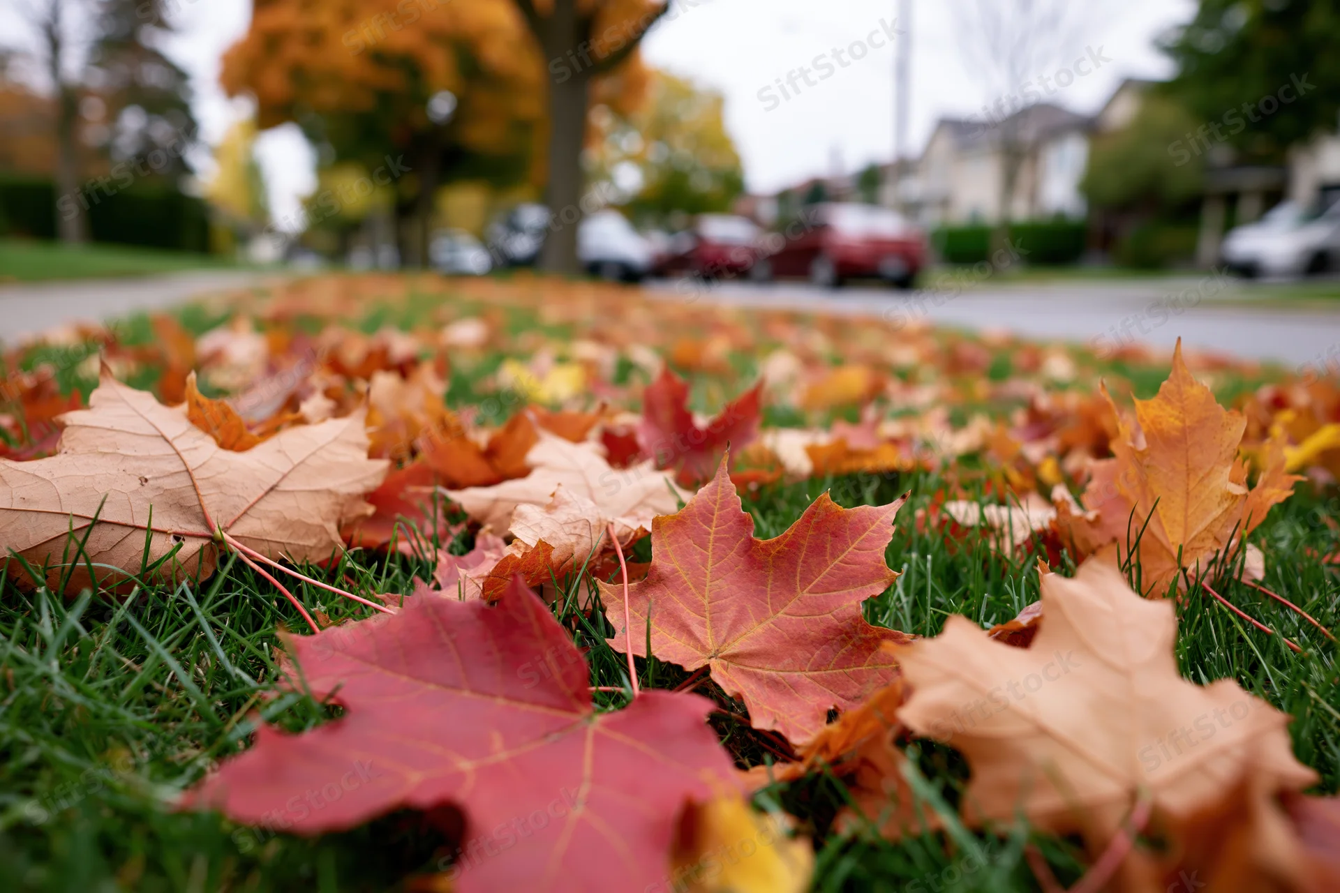 Fallen autumn maple leaves scattered across green grass in a suburban yard