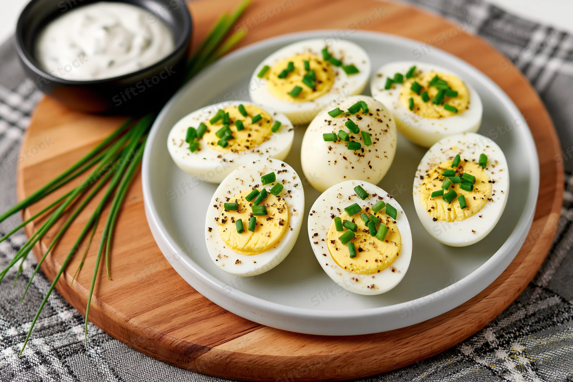 Halved hard-boiled eggs garnished with chives and pepper arranged on a white ceramic plate on a wooden cutting board