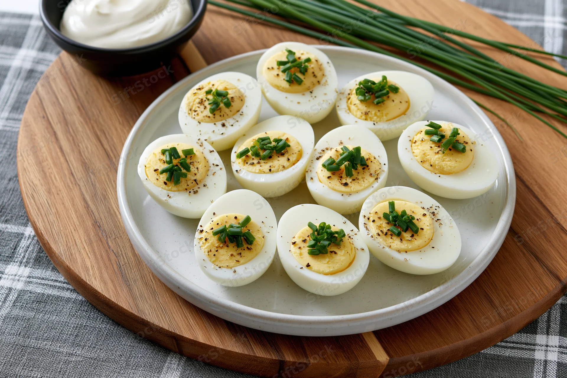 Halved hard-boiled eggs garnished with chives and pepper arranged on a white ceramic plate on a wooden board