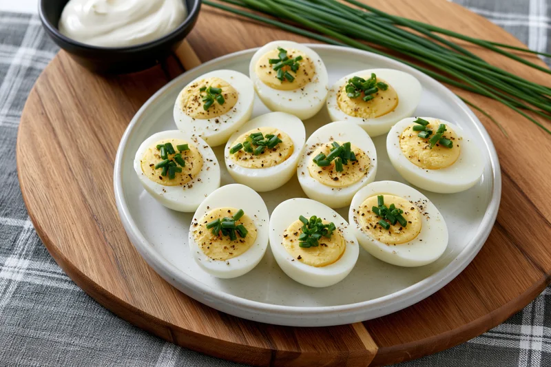 Halved hard-boiled eggs garnished with chives and pepper arranged on a white ceramic plate on a wooden board