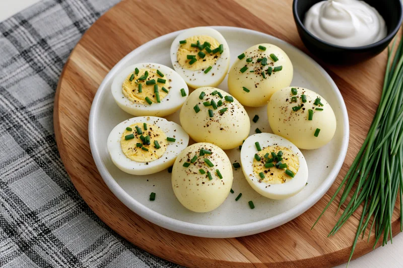 Halved hard-boiled eggs garnished with chives and pepper on a white ceramic plate set on a wooden cutting board with a plaid cloth and small bowl of mayonnaise nearby