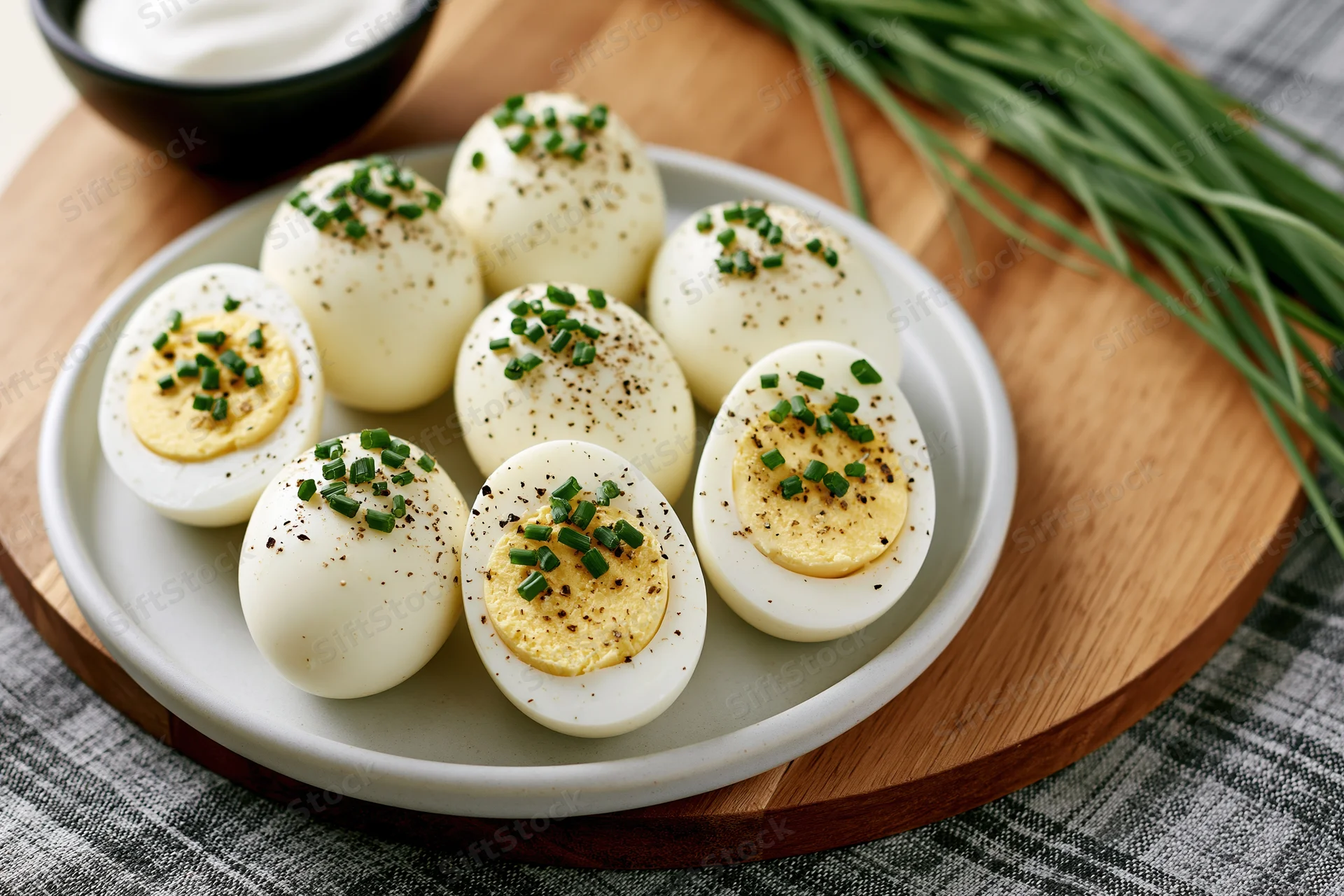 Halved hard-boiled eggs garnished with chives and pepper arranged on a white ceramic plate on a wooden tray