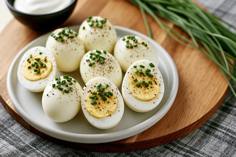 Halved hard-boiled eggs garnished with chives and pepper arranged on a white ceramic plate on a wooden tray