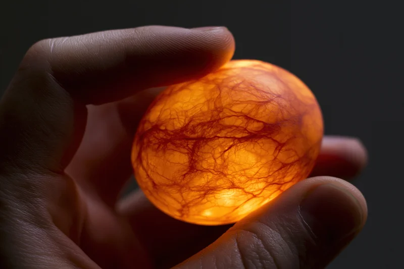 Hand holding a fertilized egg up to light for candling in a dark room