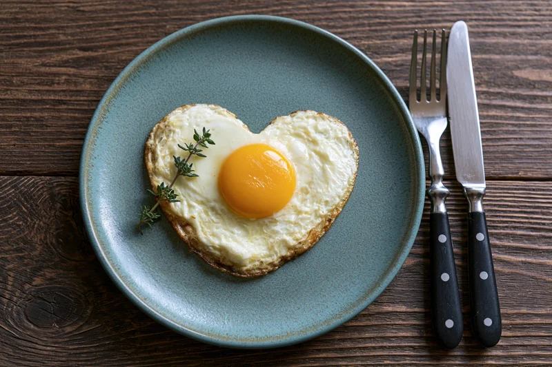 Heart-shaped fried egg with bright yellow yolk on a blue ceramic plate with thyme garnish and cutlery on a dark wooden table