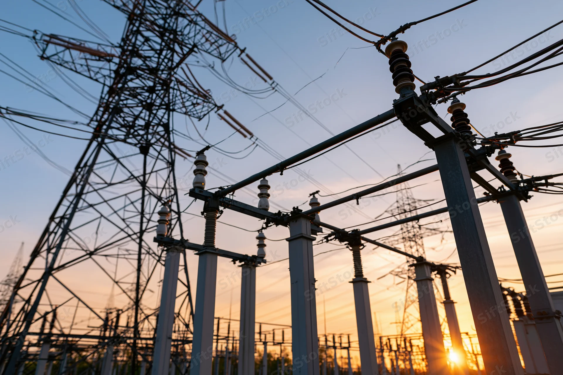 High-voltage electrical substation equipment silhouetted against a dusky sky with power lines and transmission towers in the background