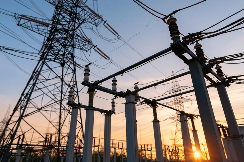 High-voltage electrical substation equipment silhouetted against a dusky sky with power lines and transmission towers in the background