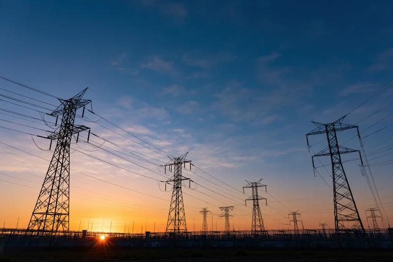 High-voltage transmission towers silhouetted against a sunset sky at an electrical substation