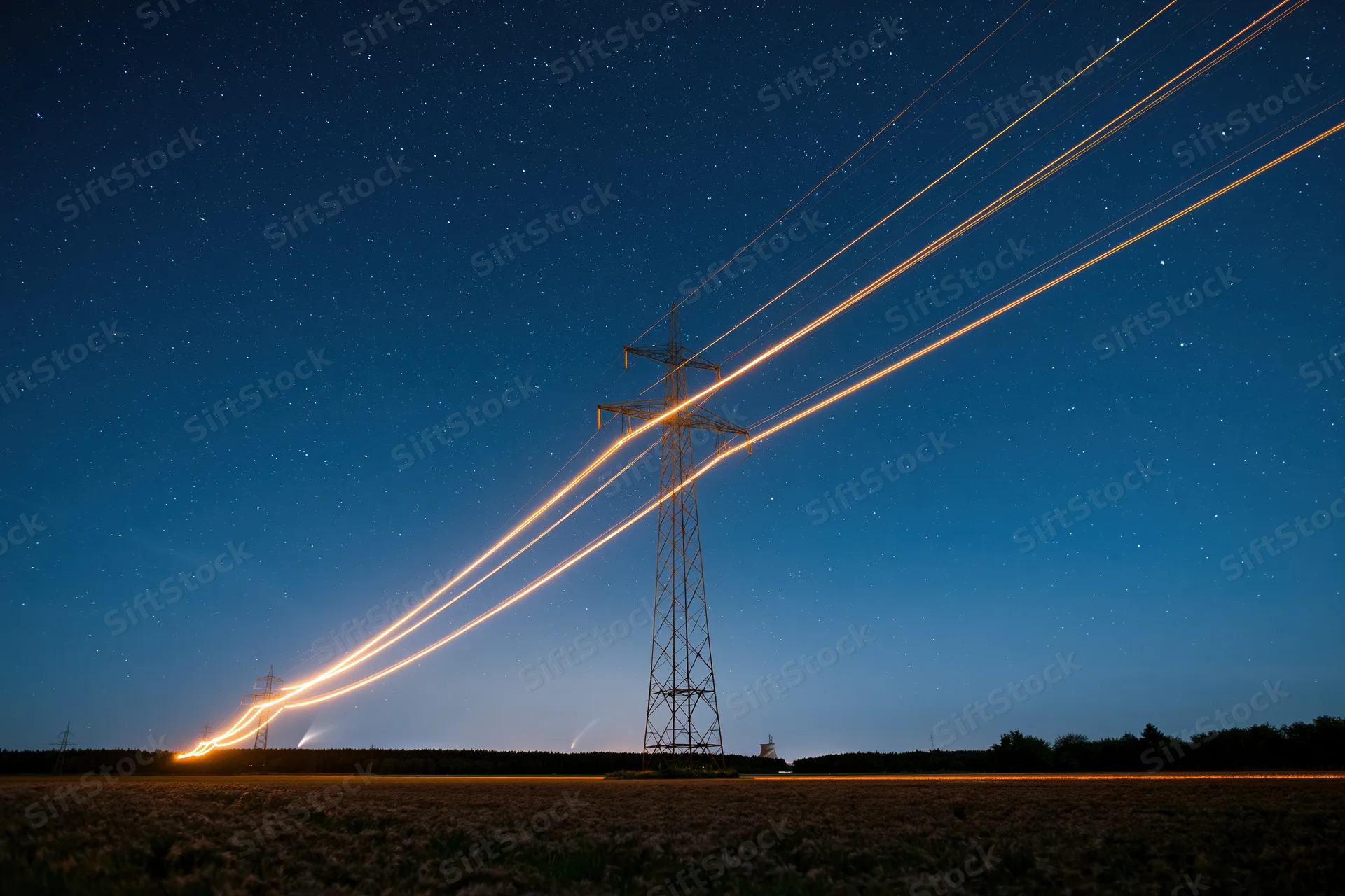 High-voltage electricity pylon standing in a flat rural field at night under a starry sky