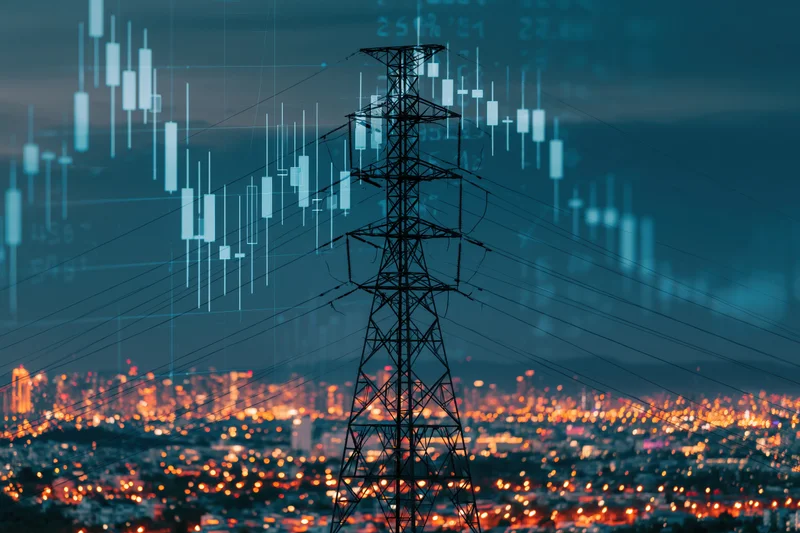 High-voltage transmission tower silhouetted against a city skyline at night with digital financial data overlay