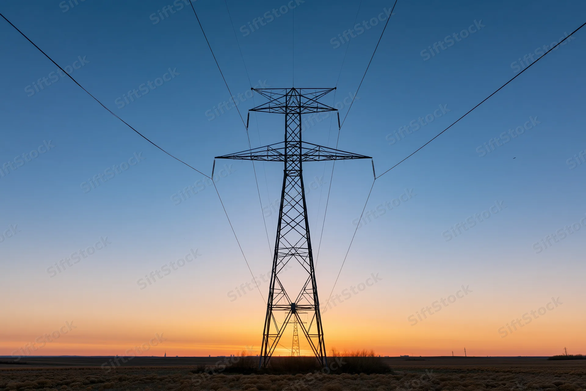 High-voltage transmission tower silhouetted against a sunset sky over a flat rural field
