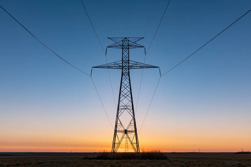 High-voltage transmission tower silhouetted against a sunset sky over a flat rural field