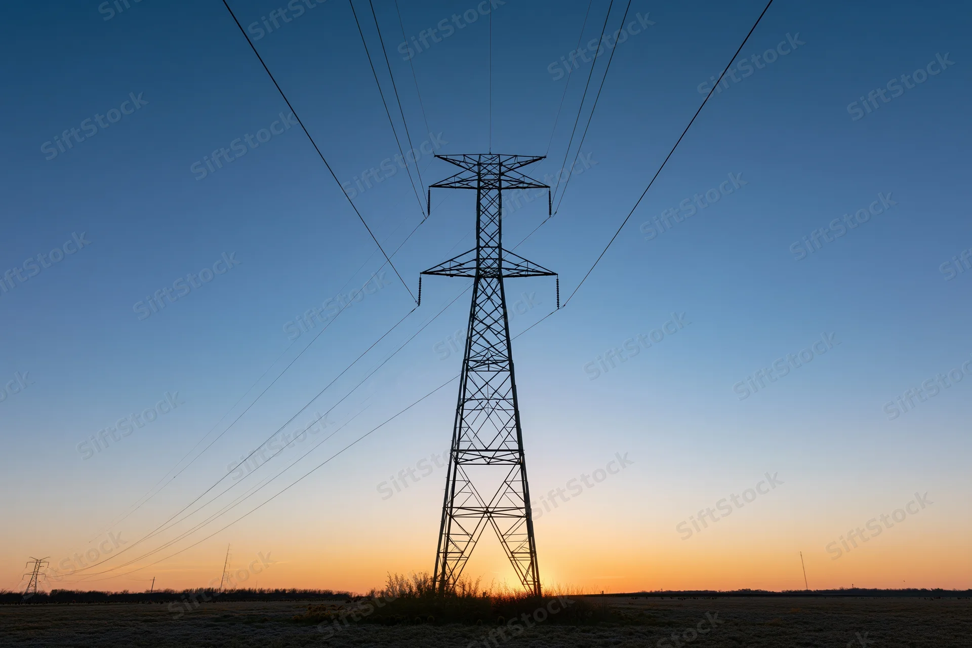 High-voltage electricity transmission tower silhouetted against a gradient sunset sky over a rural field