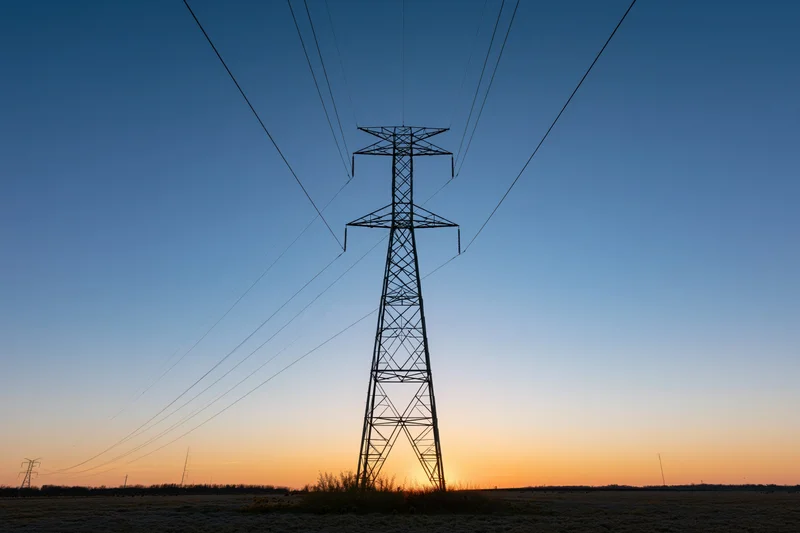 High-voltage electricity transmission tower silhouetted against a gradient sunset sky over a rural field
