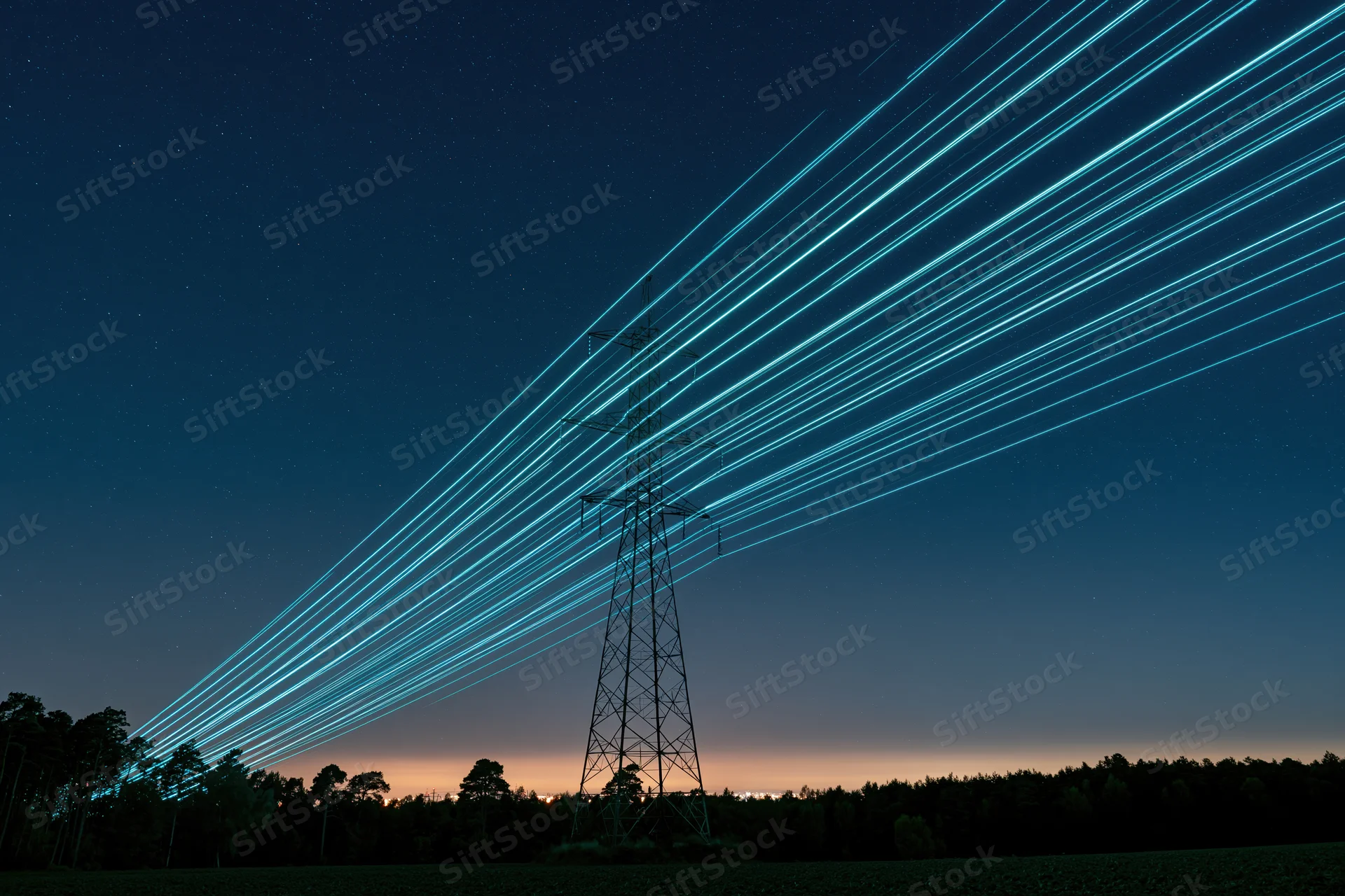 High-voltage electricity transmission tower silhouetted against starry night sky with glowing power lines stretching across rural landscape at twilight