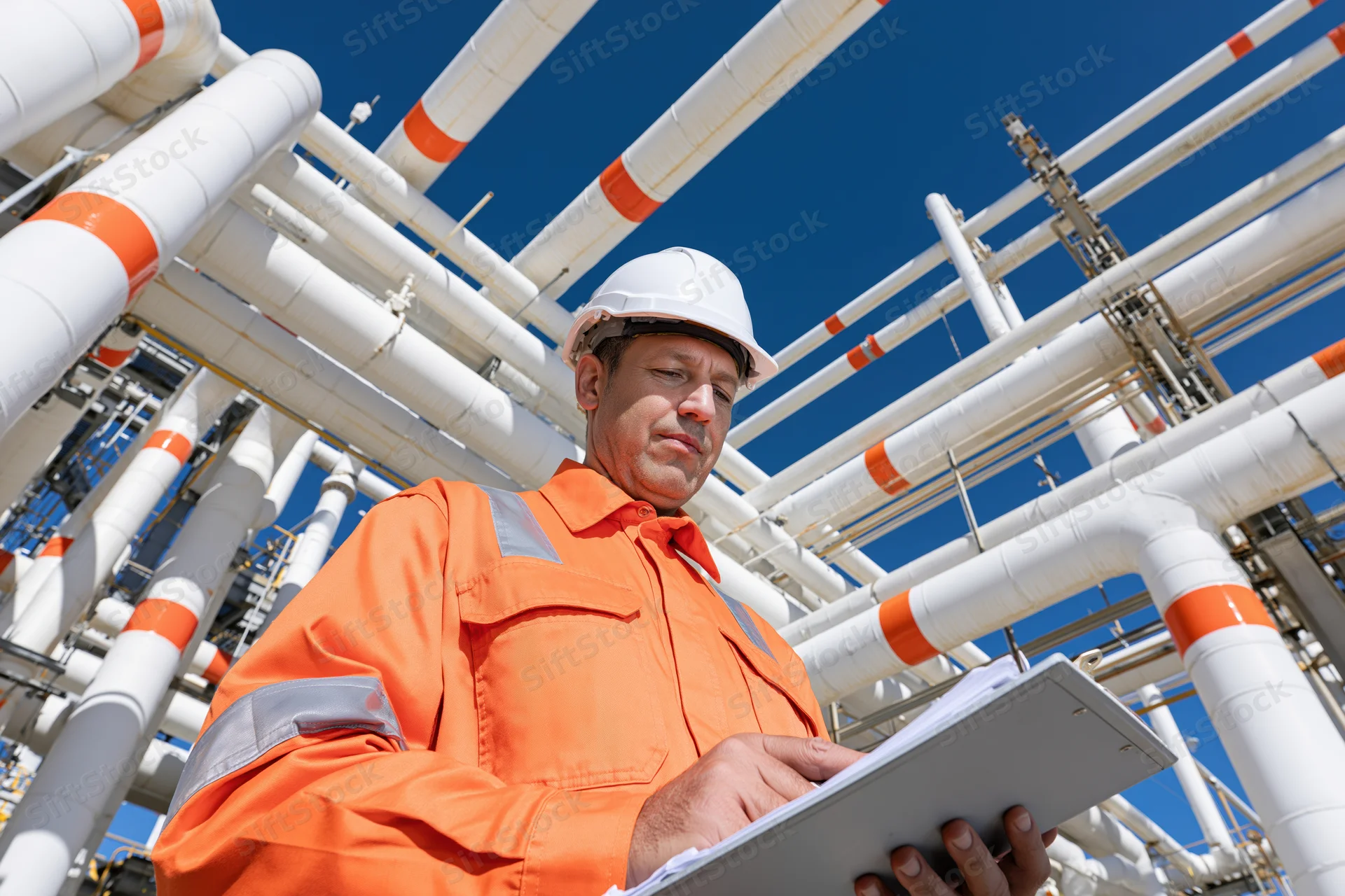 Industrial worker in orange hi-vis jacket and white hard hat using tablet for inspection at pipeline facility
