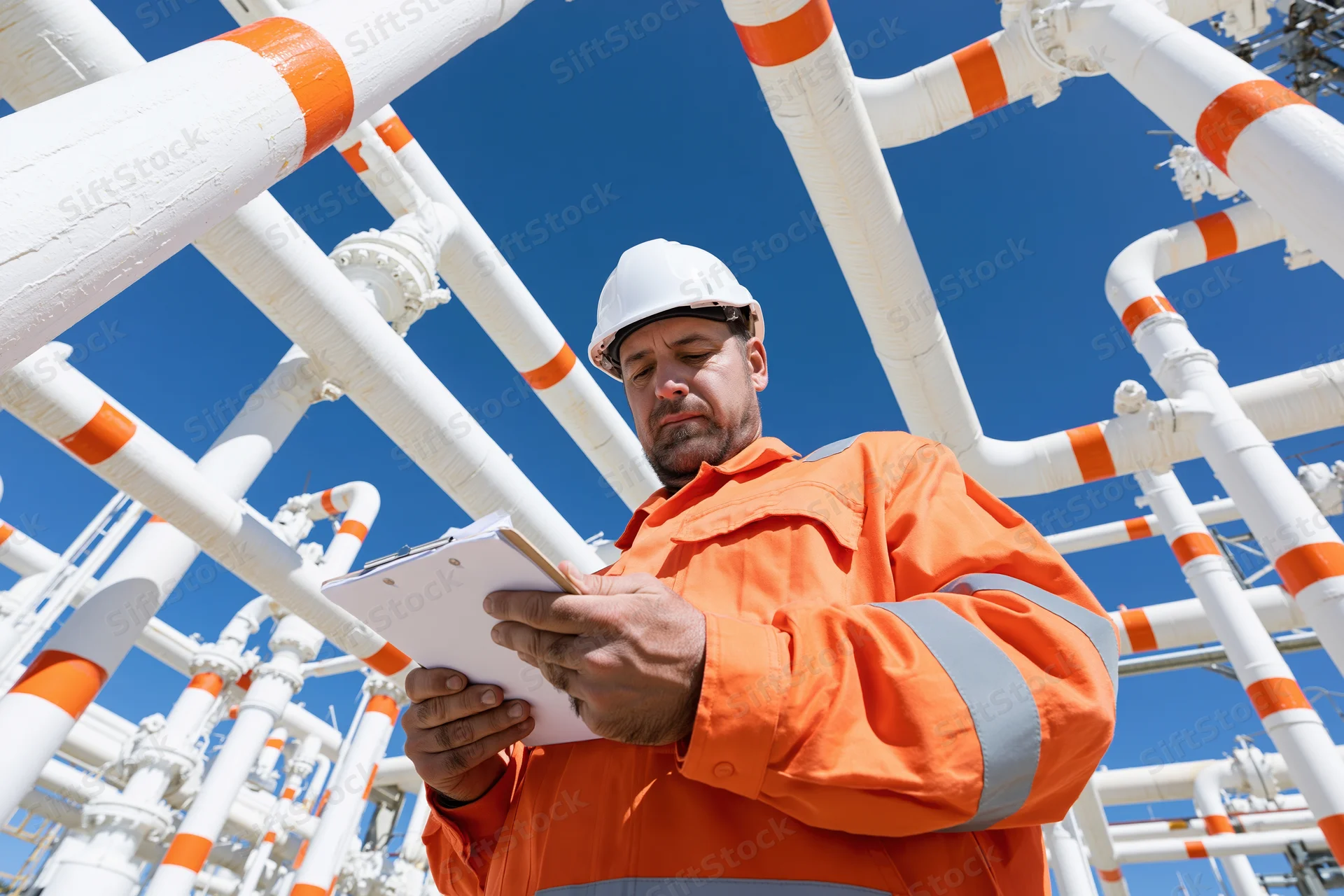Industrial worker in orange safety jacket and white hard hat inspecting pipelines at a refinery plant under clear blue sky