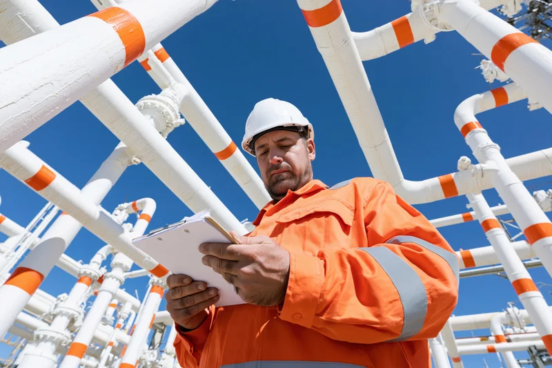 Industrial worker in orange safety jacket and white hard hat inspecting pipelines at a refinery plant under clear blue sky