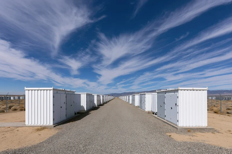 Rows of white battery storage containers arranged in parallel lines in a desert outdoor facility under a blue sky with wispy clouds