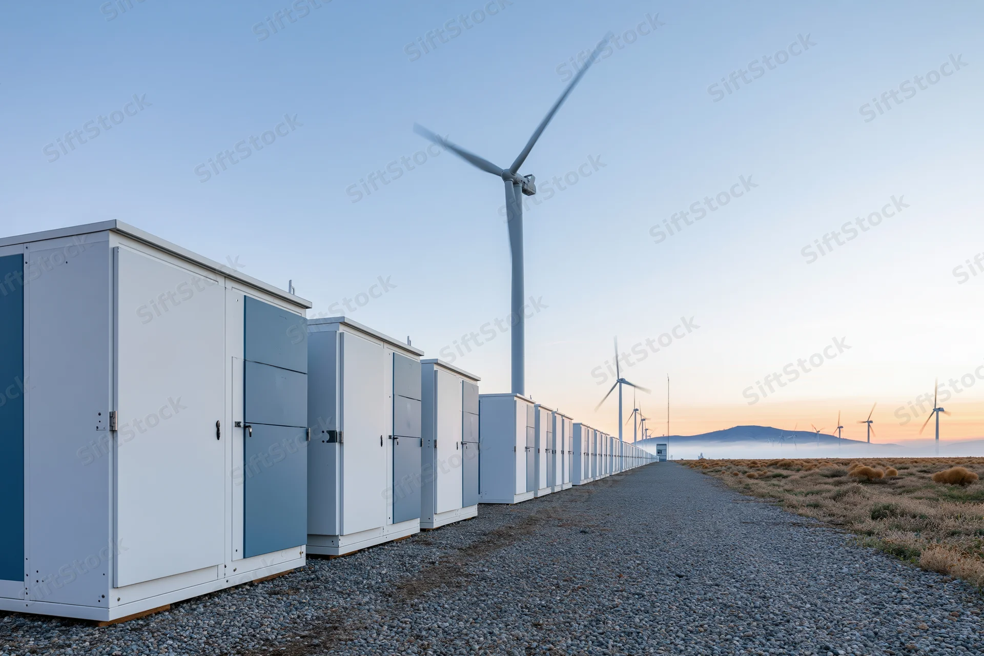 Battery energy storage units lined up along a gravel path near wind turbines in a rural field at dusk