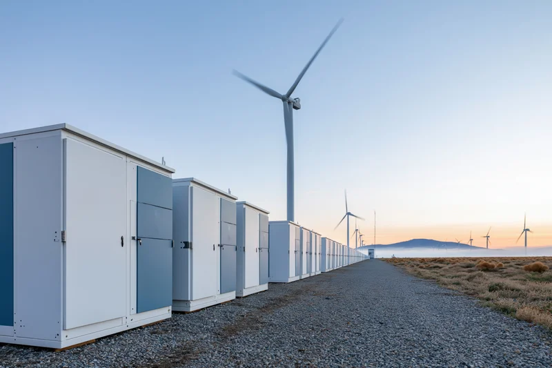 Battery energy storage units lined up along a gravel path near wind turbines in a rural field at dusk