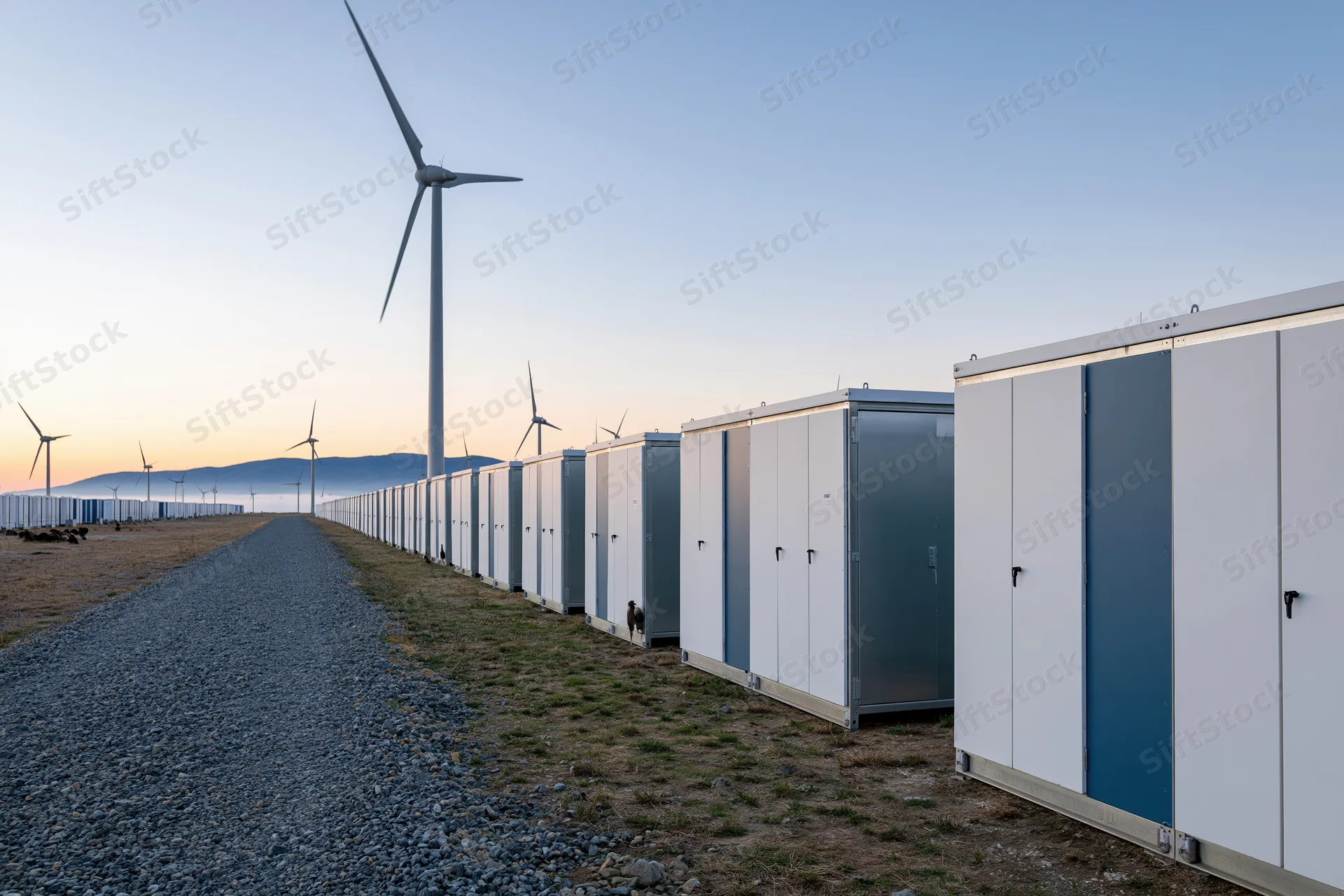 Battery energy storage units lined up along a gravel path near wind turbines in a rural field at sunset