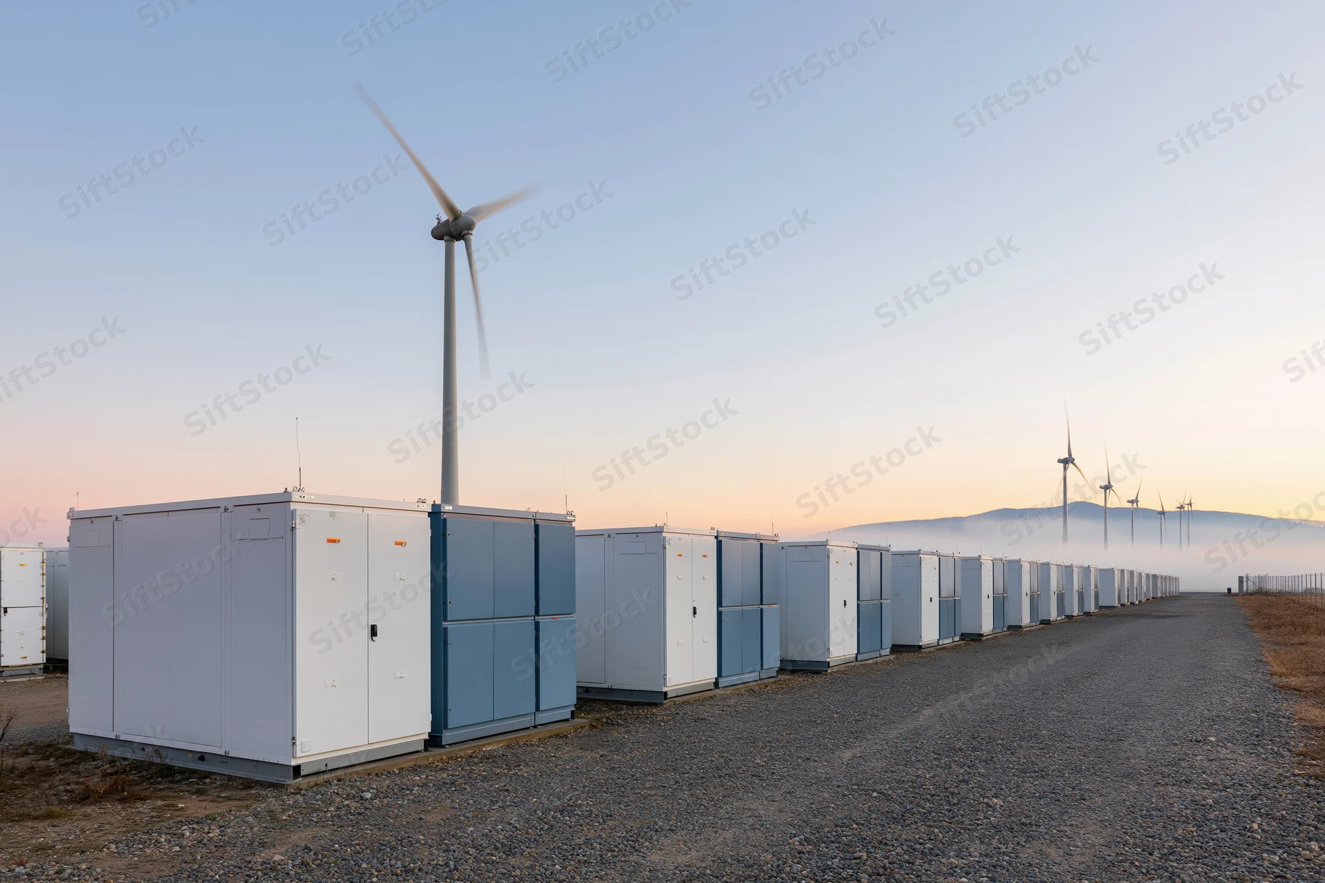 Battery energy storage units aligned in a row along a gravel road near a wind farm at dusk