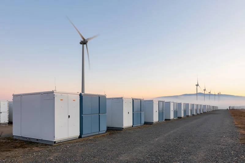 Battery energy storage units aligned in a row along a gravel road near a wind farm at dusk