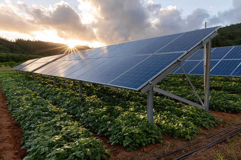 Elevated solar panel array over rows of green crops in a field at sunset