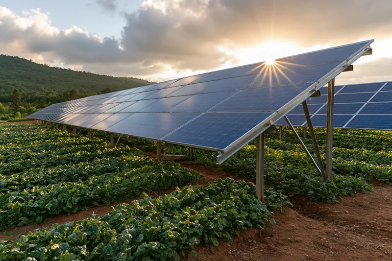 Elevated solar panel array over rows of green crops in a rural field