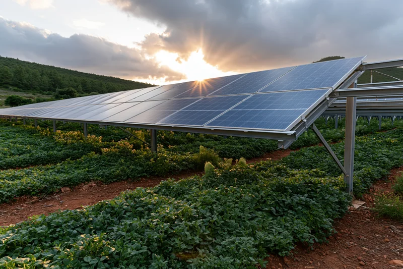 Elevated solar panel array over rows of green crops in a rural field at sunset