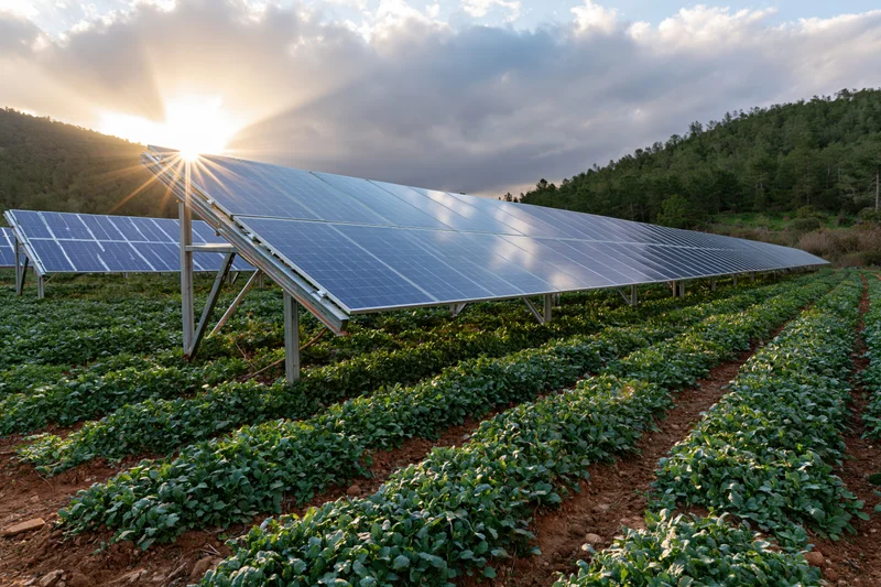 Elevated solar panel array over rows of green crops in a rural field at sunrise