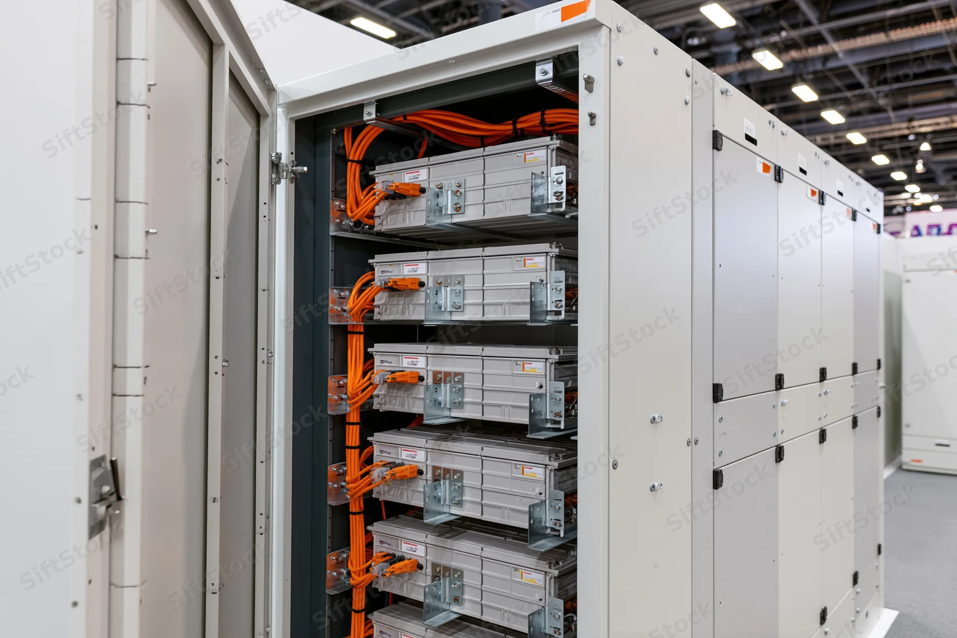 Industrial battery energy storage cabinet with open door revealing stacked modules and orange cables inside