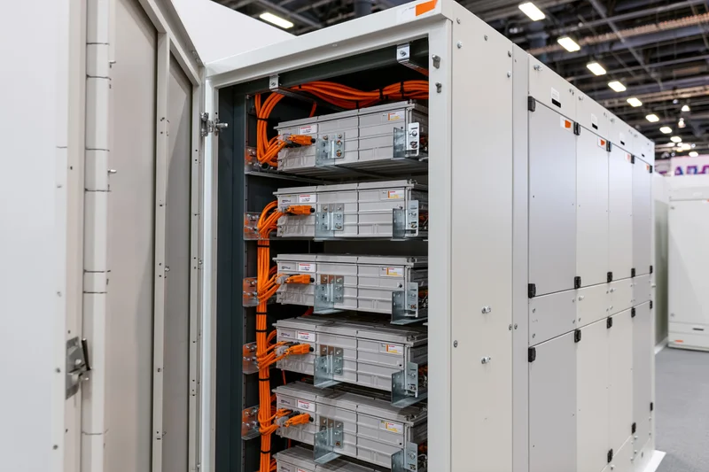 Industrial battery energy storage cabinet with open door revealing stacked modules and orange cables inside