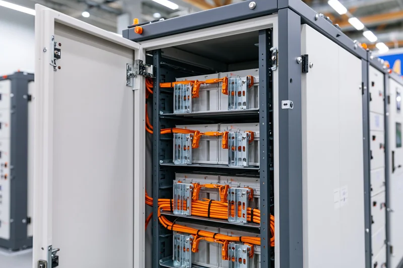 Industrial battery energy storage cabinet with open door revealing internal wiring and modules in a facility