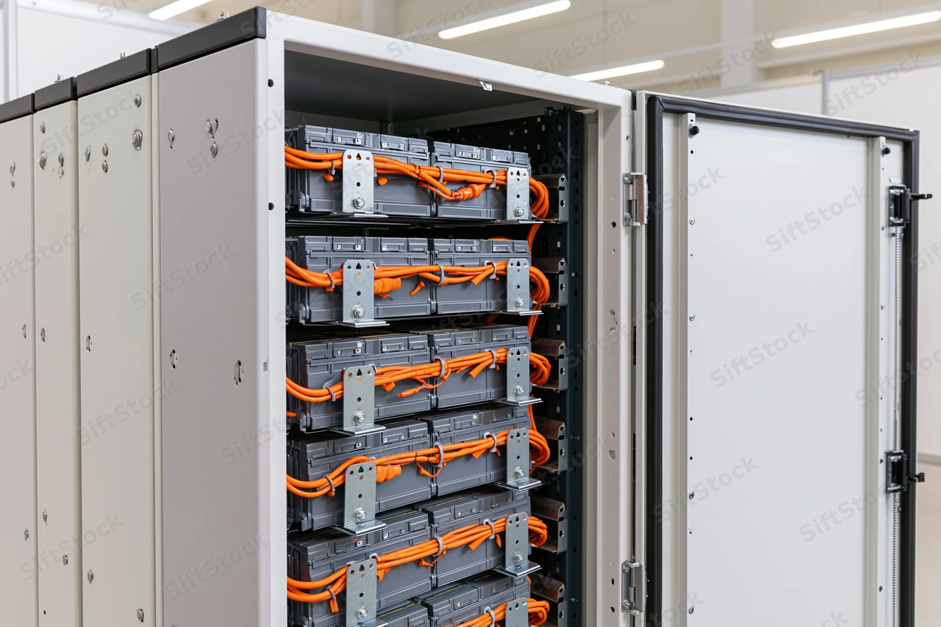 Industrial battery energy storage cabinet with open door revealing stacked modules and orange cables inside