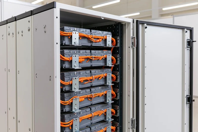 Industrial battery energy storage cabinet with open door revealing stacked modules and orange cables inside