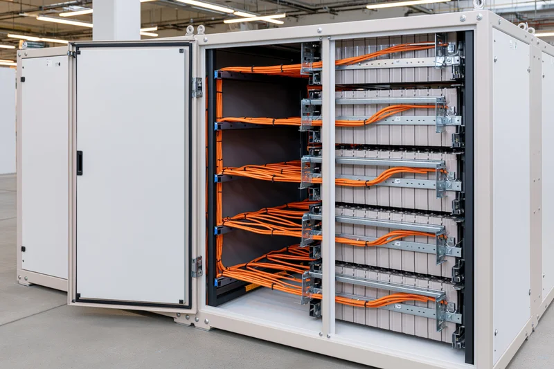 Industrial battery energy storage cabinet with one door open revealing internal cable and module arrangement in a warehouse setting