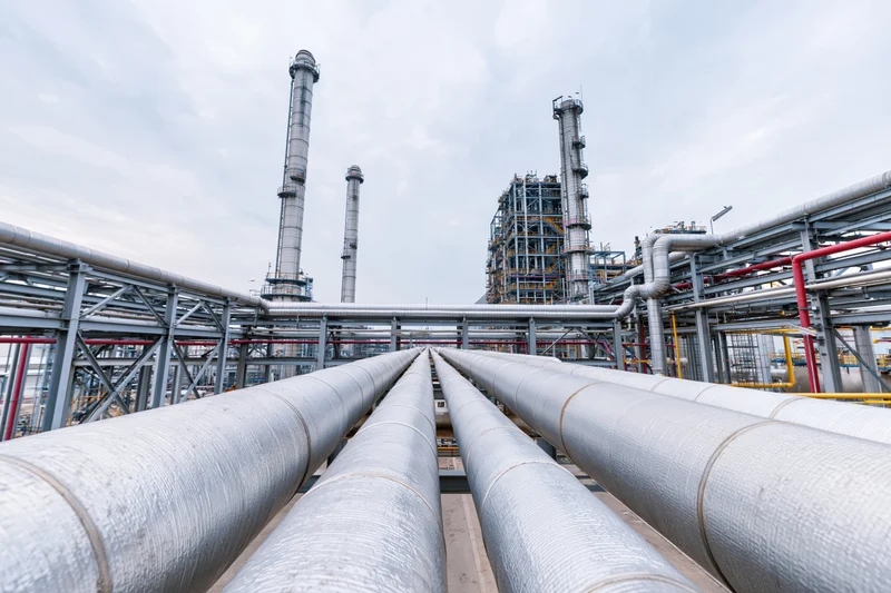 Insulated steel pipelines running through an industrial plant with tall towers and metal frameworks