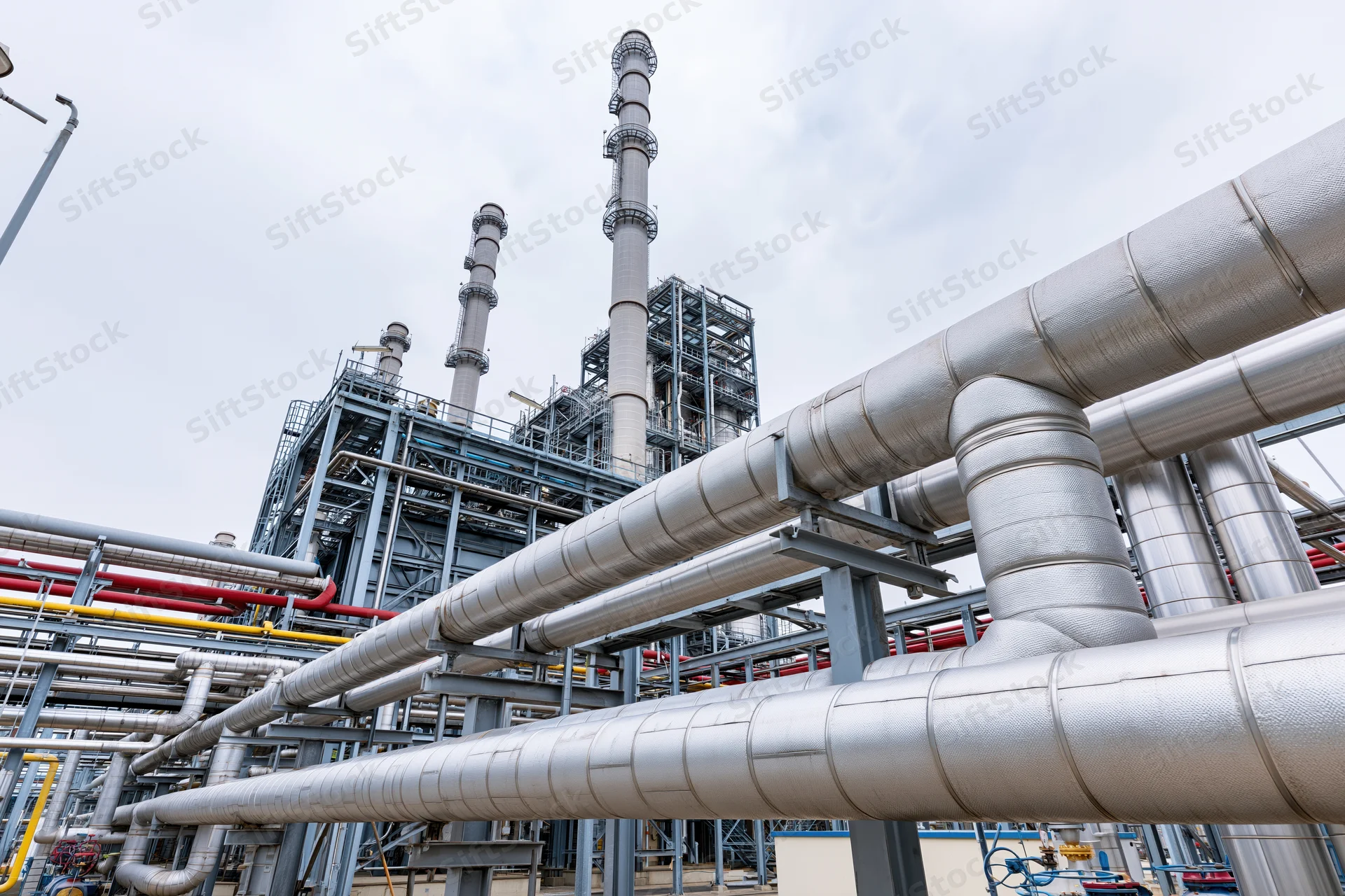 Large industrial plant with insulated steel pipelines running across metal framework under overcast sky