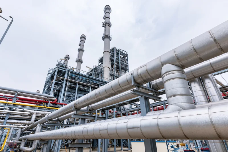 Large industrial plant with insulated steel pipelines running across metal framework under overcast sky