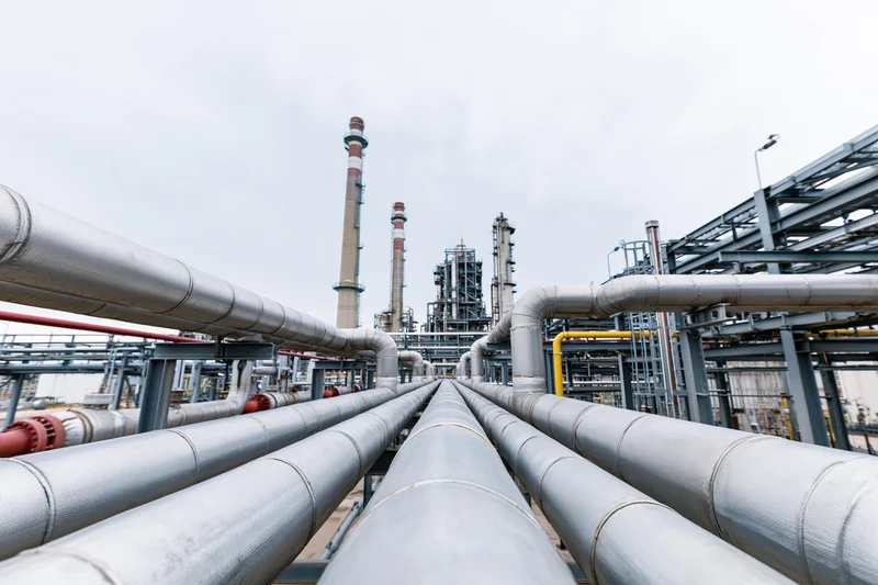 Insulated steel pipelines running through an industrial refinery complex