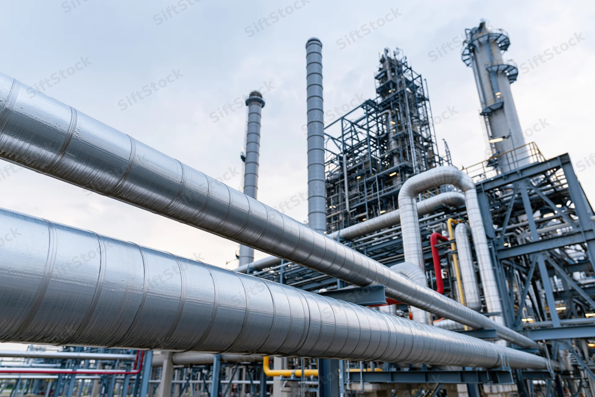 Insulated steel pipelines running through an industrial plant with towers and scaffolding
