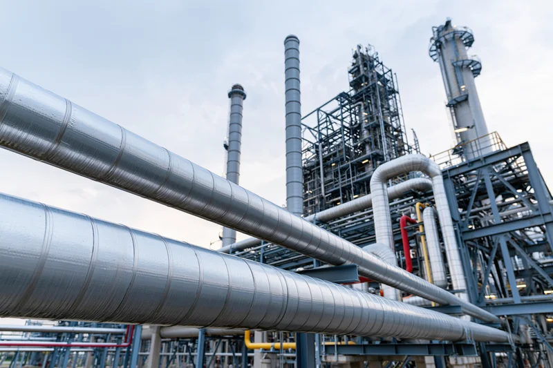 Insulated steel pipelines running through an industrial plant with towers and scaffolding