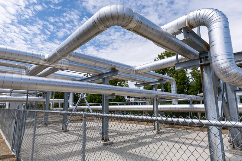 Large insulated industrial pipeline network arranged in a fenced outdoor facility under a blue sky with scattered clouds