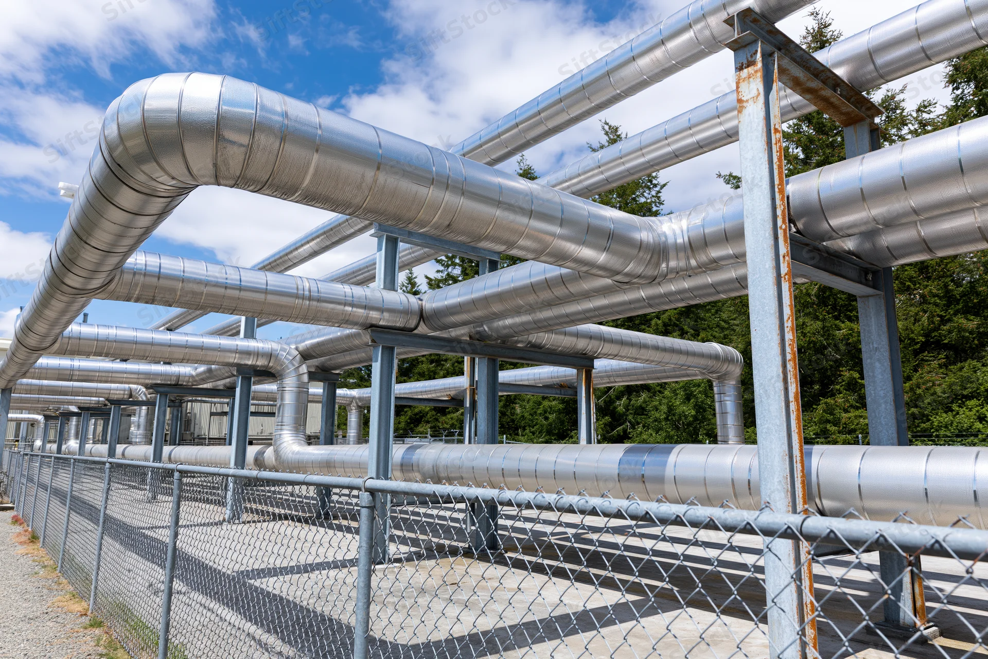 Large insulated metal pipeline network supported by steel framework outdoors at geothermal facility