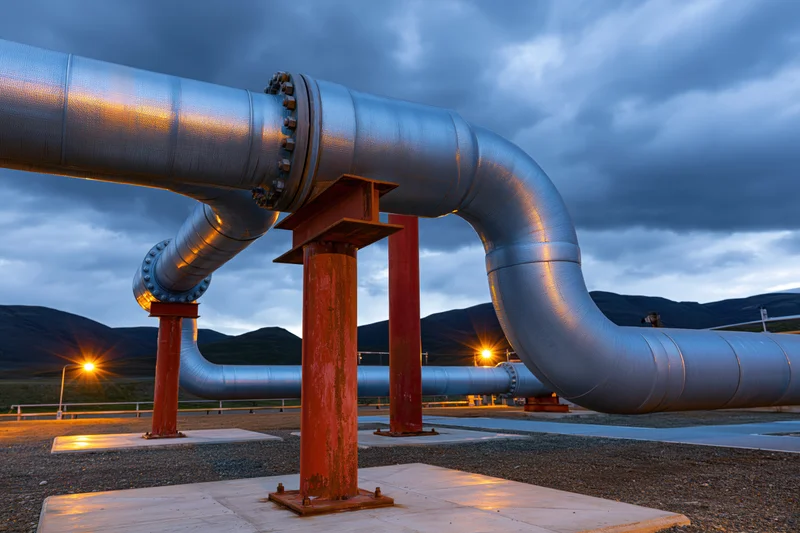 Large insulated industrial pipeline with curved bends supported by red steel structures in an outdoor facility at twilight