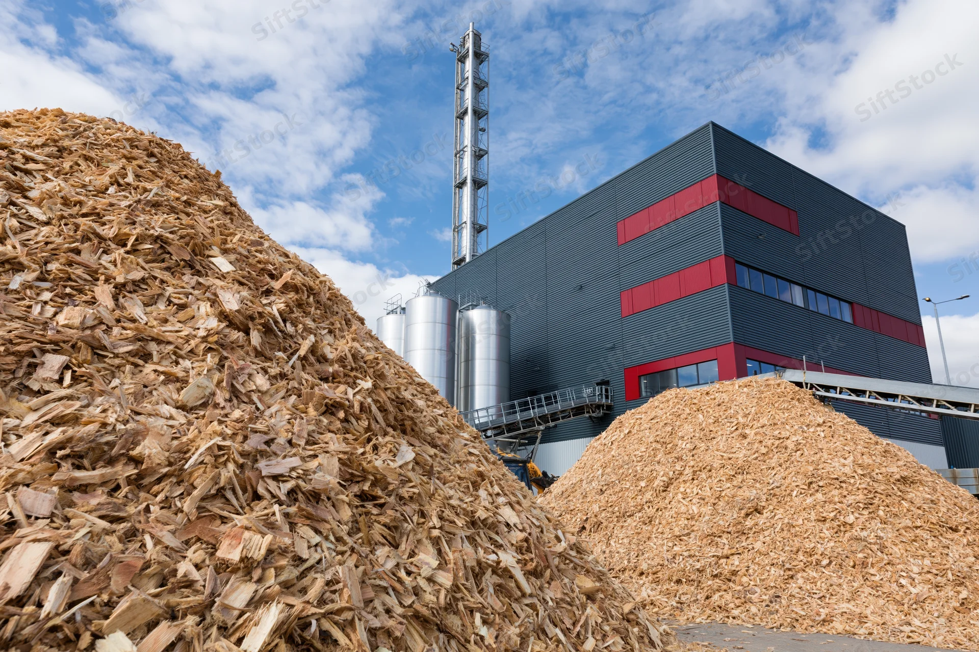 Large mounds of wood chip biomass fuel piled in front of an industrial energy facility under a blue sky with clouds
